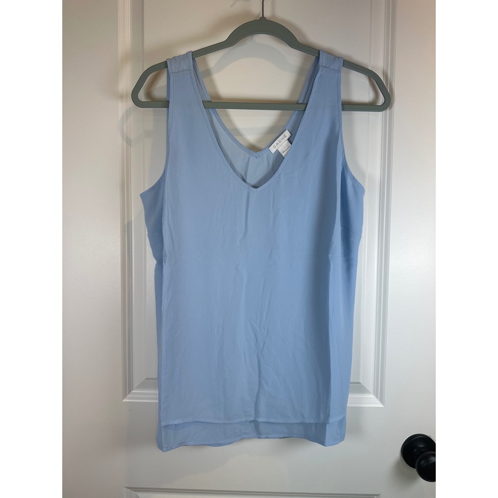 Cache Womens Light Blue V-Neck Sleeveless Blouse Tiered Hem T940A Large NWT